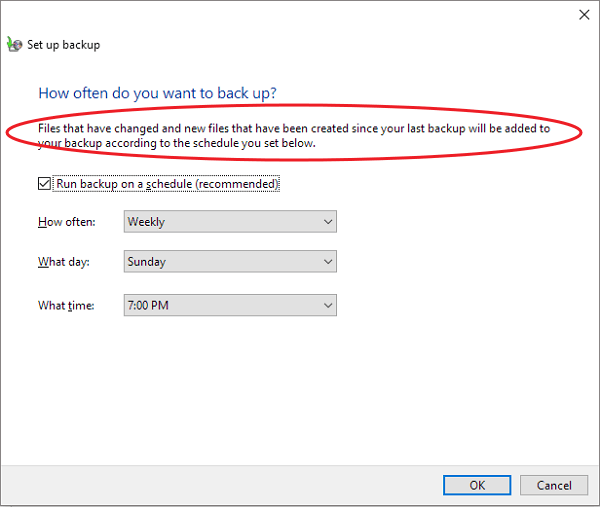 impostare una pianificazione per eseguire il backup solo dei file nuovi e modificati in Windows 10