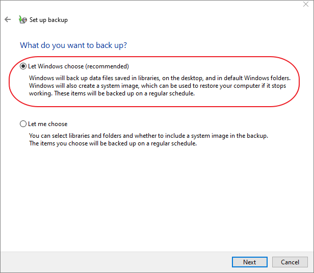 scegli contenuto di backup