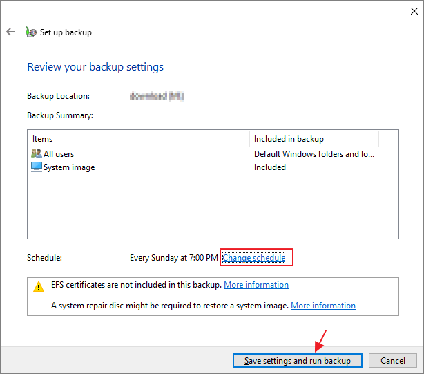 completare le impostazioni di backup