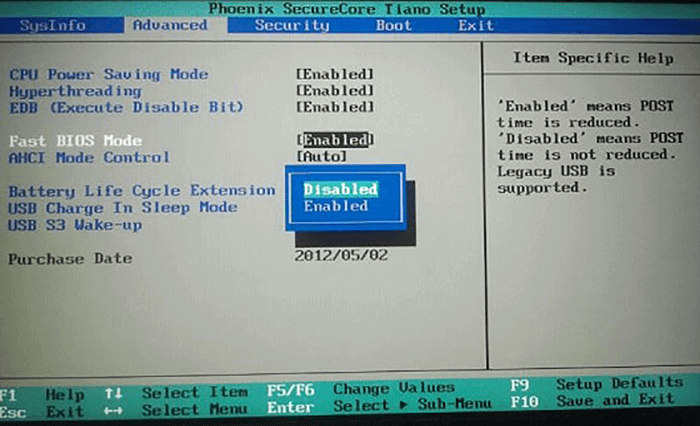 controllare le impostazioni del bios