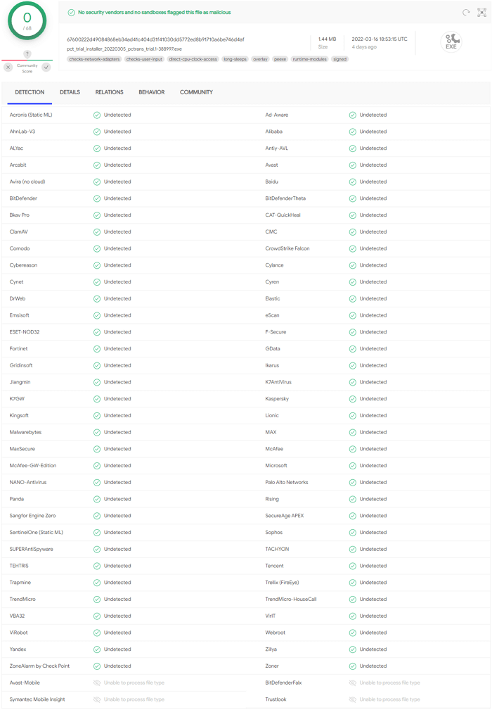 Risultato della scansione del virus EaseUS Todo PCTrans