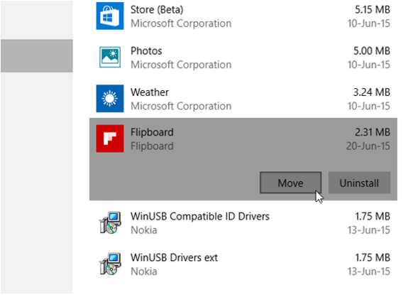 Sposta le app di Windows 10 manualmente su un altro drive o partizione.