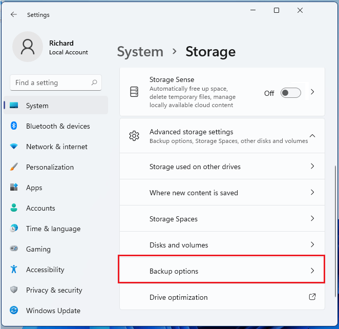 apri le opzioni di backup su Windows 11