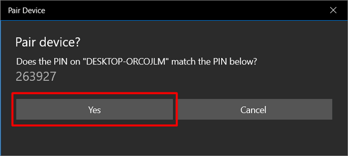 Abbinare il PIN e selezionare Sì per accoppiare il dispositivo