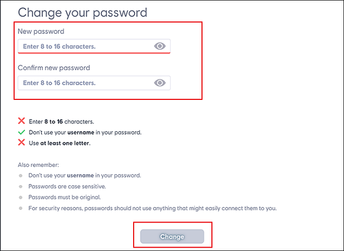 inserire la nuova password e fare clic su modifica