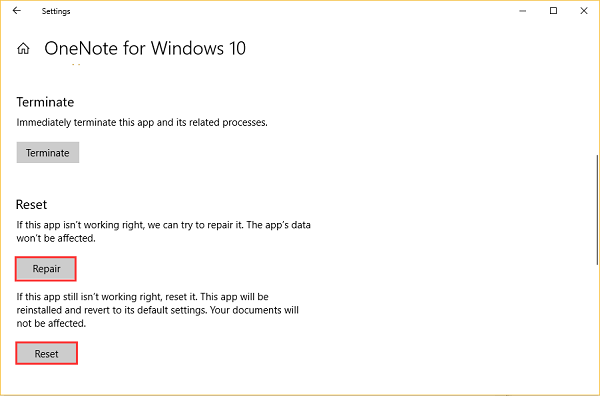 impostazione riparazione app