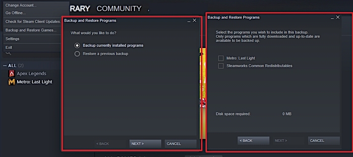 eseguire il backup dei giochi Steam correnti