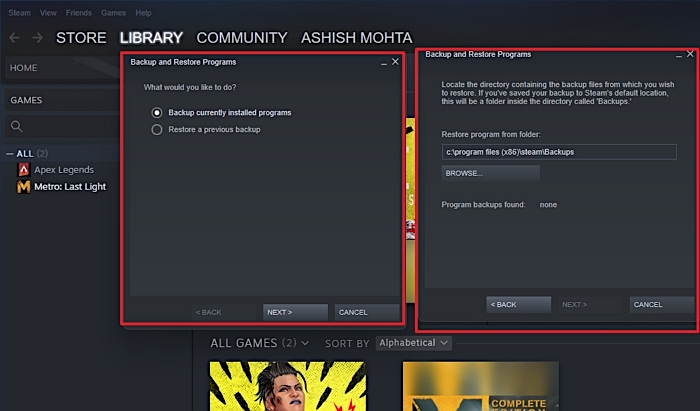 ripristinare i giochi di vapore