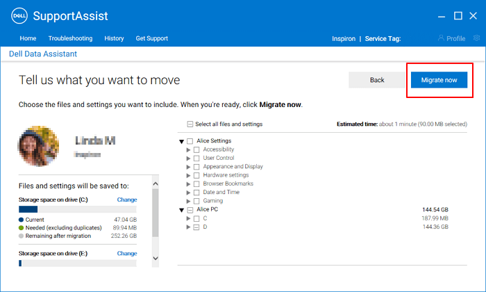 Configura il contenuto di trasferimento