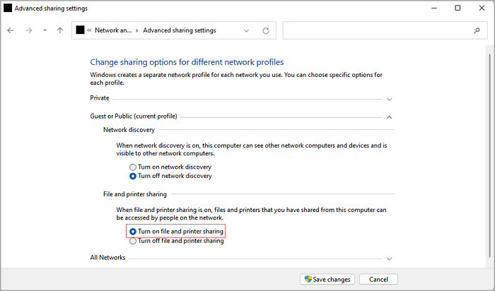 attiva la condivisione di file e stampanti