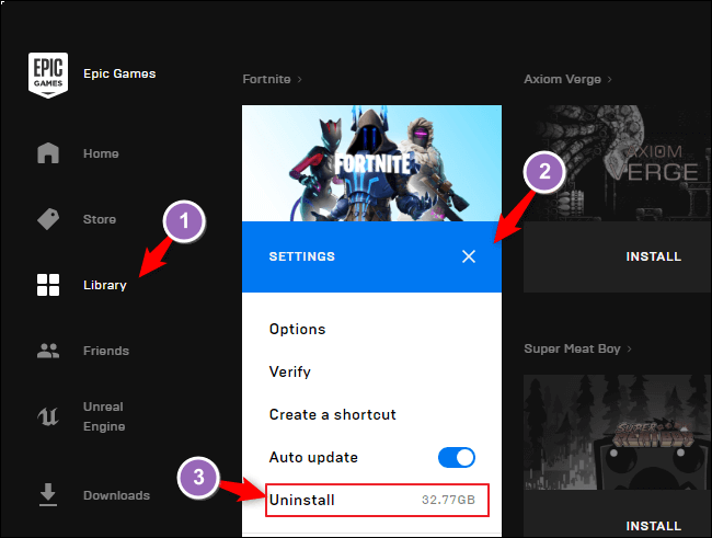 Disinstalla i giochi epici