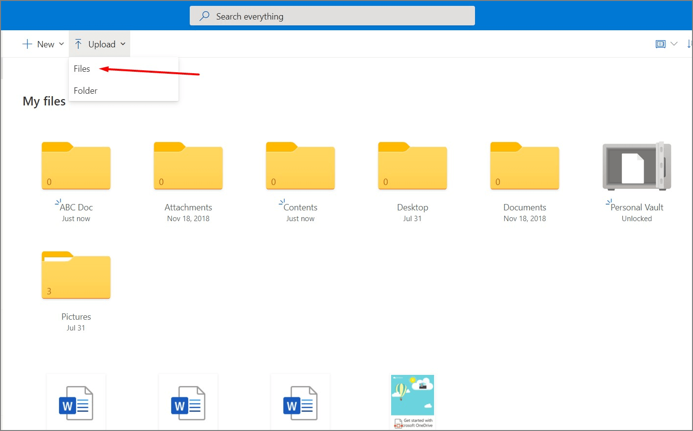 carica i file su onedrive