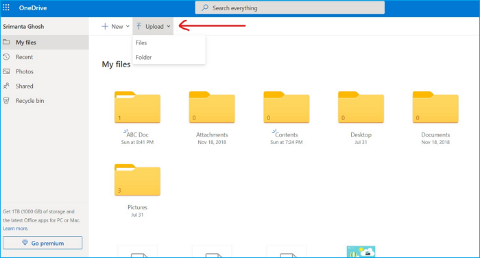 carica i file su onedrive