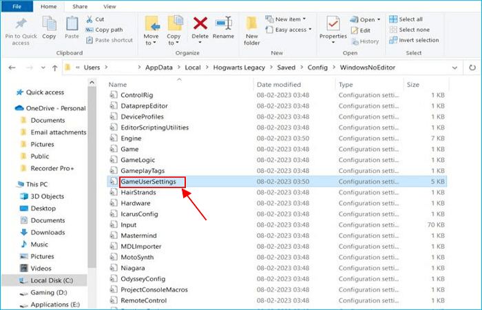 posizione del file di configurazione hogwarts legacy