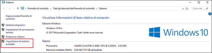 seleziona impostazioni di sistema avanzate