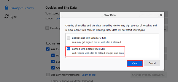 pulisci cache di firefox