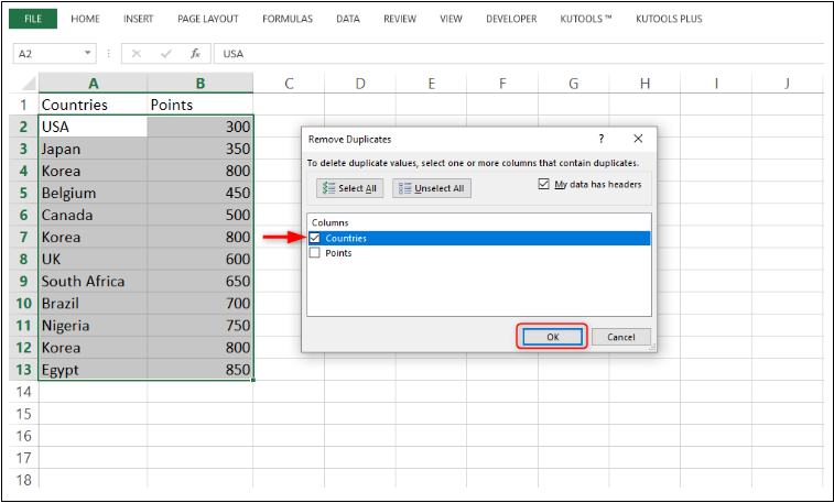 scegli le colonne da rimuovere i duplicati