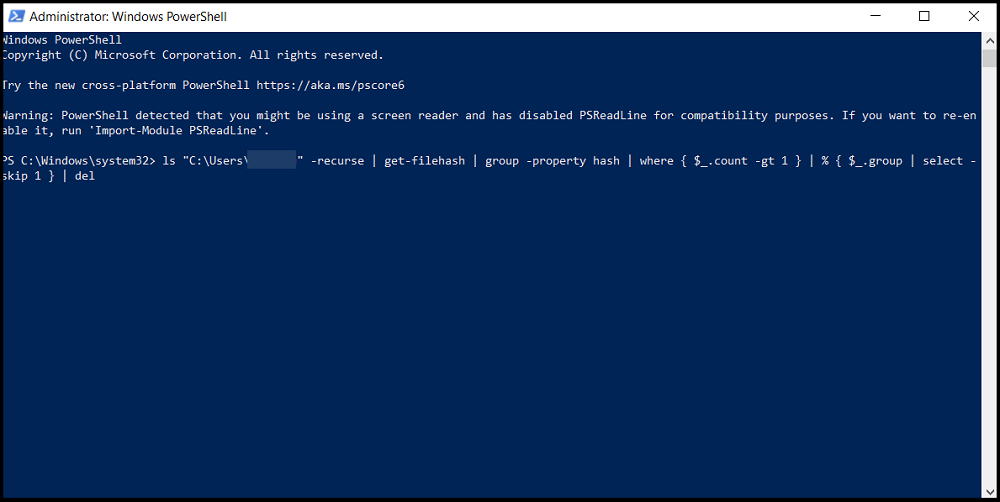 eliminare i file duplicati in Windows PowerShell
