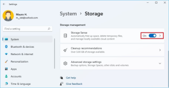 abilitare il senso di archiviazione per liberare spazio