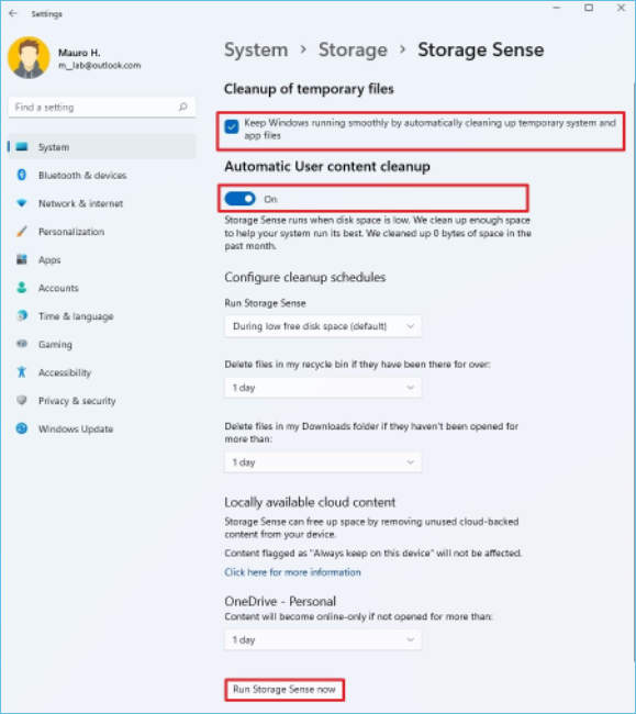 eseguire lo spazio di archiviazione rileva lo spazio libero