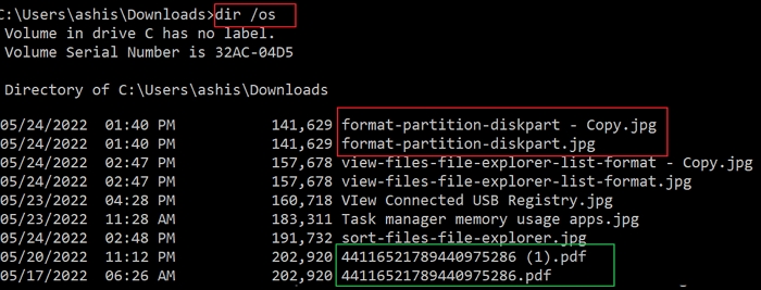 prompt dei comandi per ordinare i file