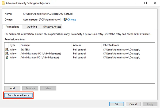 Disattiva l'eredità