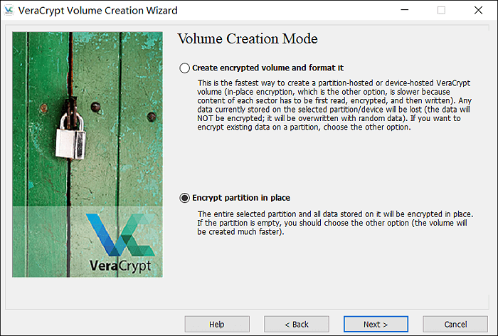 scegli di cifrare la partizione già esistente