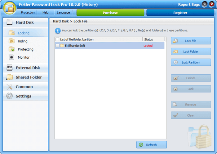 Interfaccia di Folder Password Lock Pro