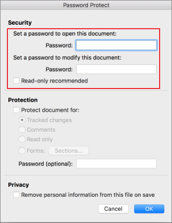 imposta la password di parola mac