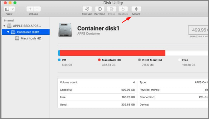 fare clic su mount disk utility