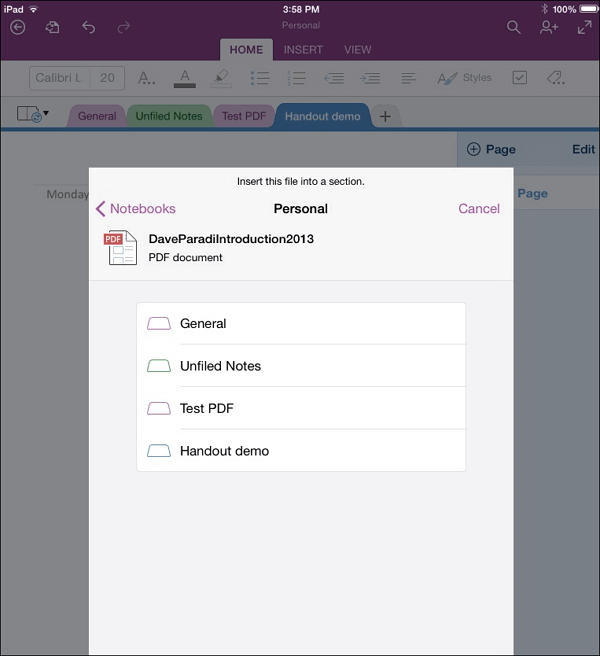 inserire pdf nel onenote