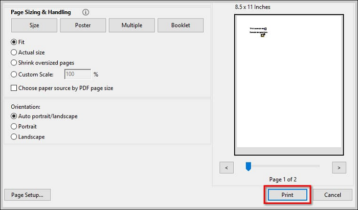 Finestra di stampa in Adobe Acrobat
