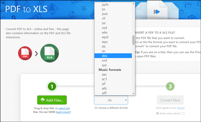 usare zamzar per la conversione di estratto conto da pdf a excel